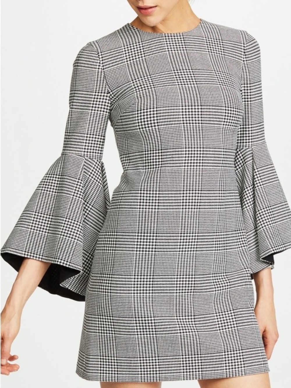 ALICE + OLIVIA THYM DRAPE RUFFLE SLEEVE HOUNDSTOOTH CHECK PLAID DRESS SIZE 2
